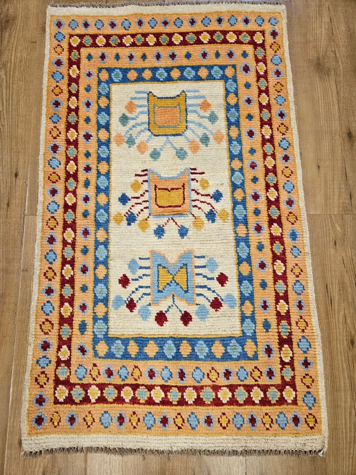 Handgeknoopt oosters tapijt modern design 124x74, Info@SlatsAntiek.nl, Blauw, 100 tot 150 cm, Perzisch
