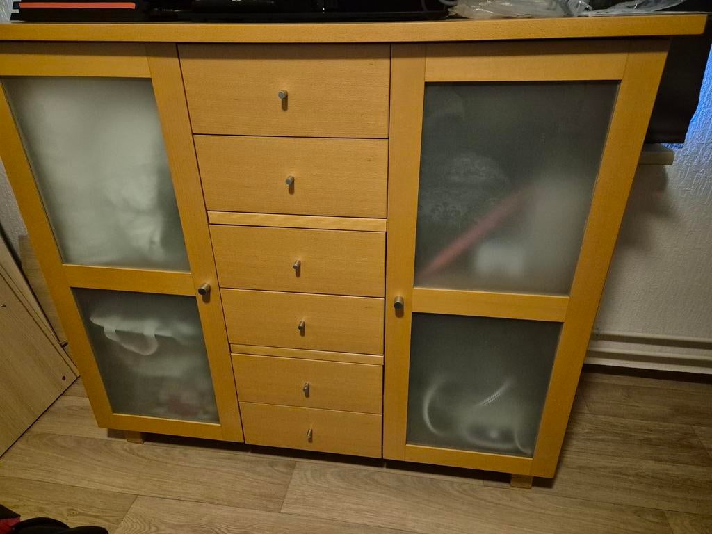 Houten kast met lades en glazen deuren, Huis en Inrichting, Kasten | Overige, Ophalen, Gebruikt