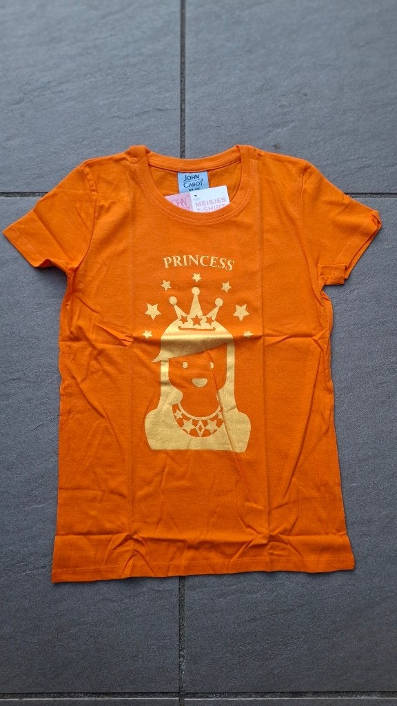 Koningsdag 134-140 oranje tshirt Princess – NIEUW, Meisje, Nieuw, Ophalen of Verzenden, Shirt of Longsleeve