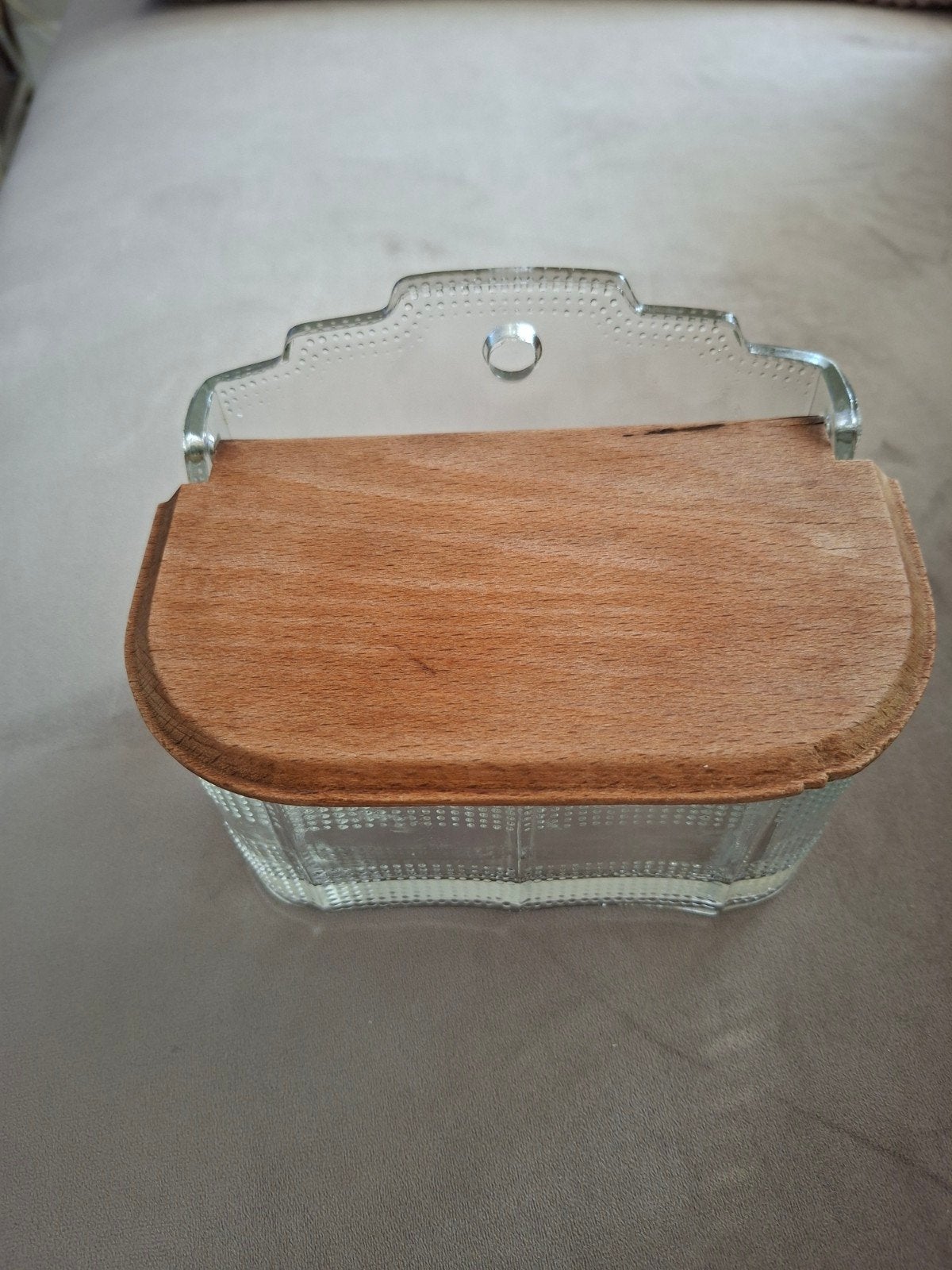 Glazen zoutvaatje met houten deksel - Vintage Keuken, Ophalen of Verzenden