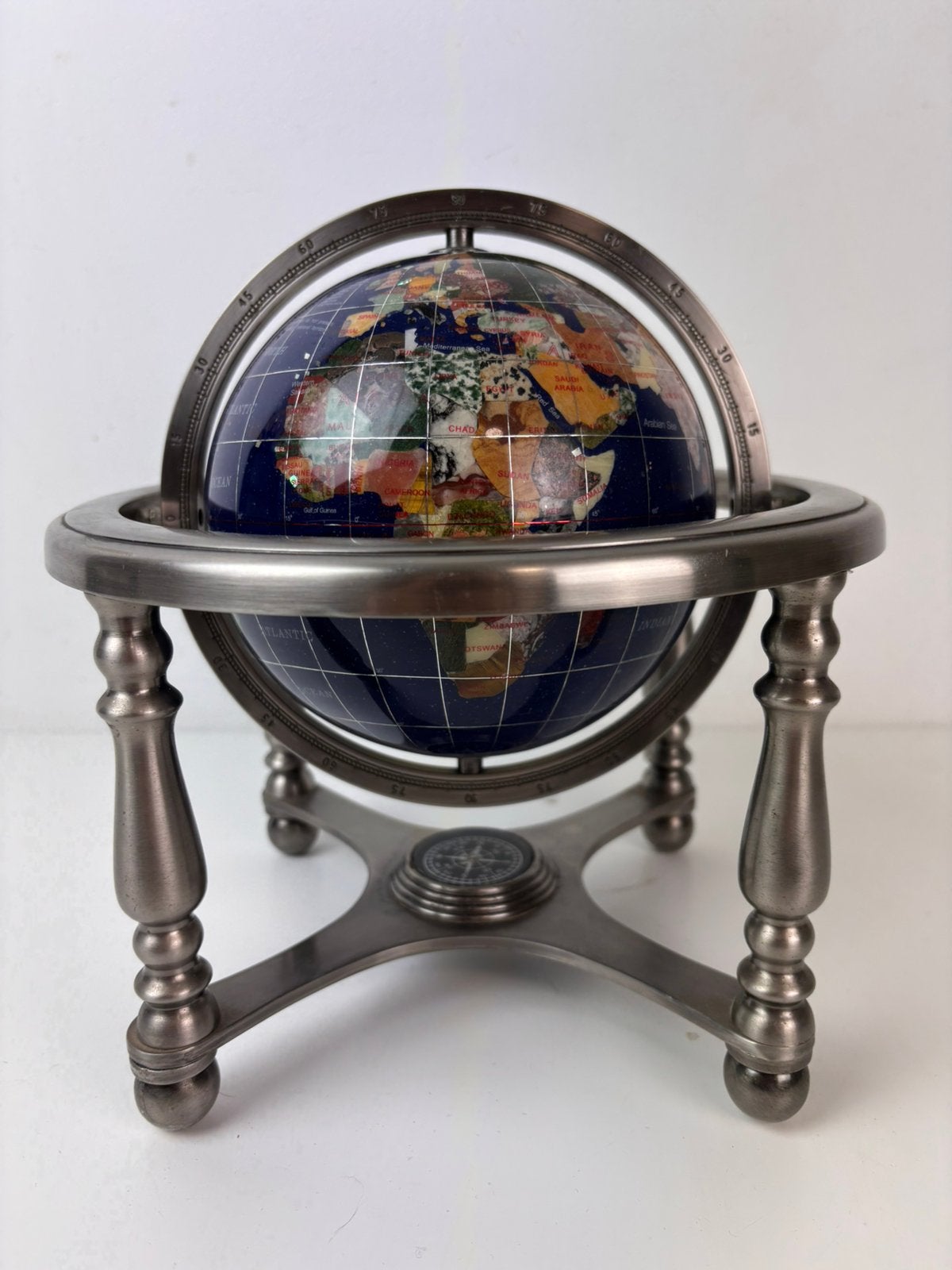Lapiz lazuli tafelelglobe gemstone voetstuk met kompas, Draaibaar, Overige typen, Ophalen of Verzenden, Zo goed als nieuw
