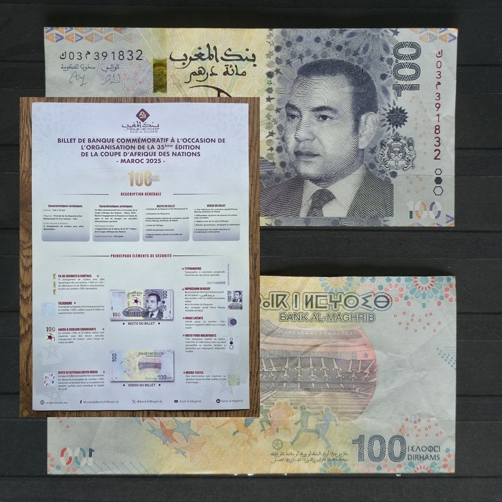 100 Dirhams AFCON + Poster 2025 – Marokko Maroc Morocco CAF, Ophalen of Verzenden, Overige landen