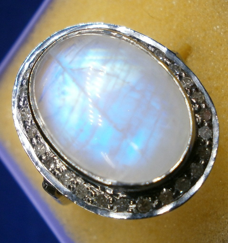 Cocktail ring blauw Maansteen diamant 0,31krt verguld zilver, Ophalen, Blauw, Zo goed als nieuw, 17 tot 18