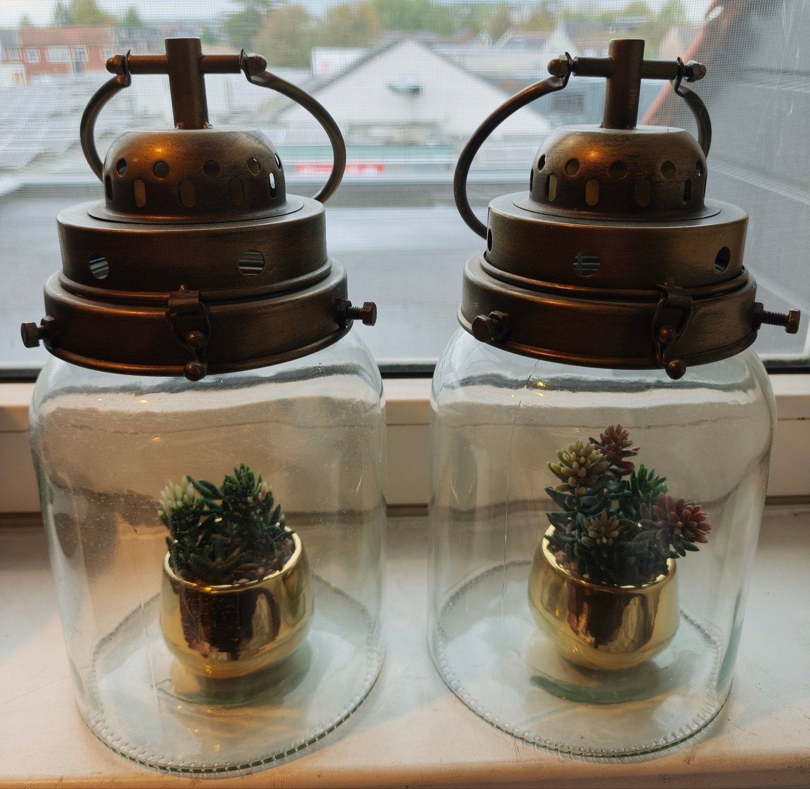 Decoratieve glazen lantaarns met plantjes (set van 2), Ophalen of Verzenden