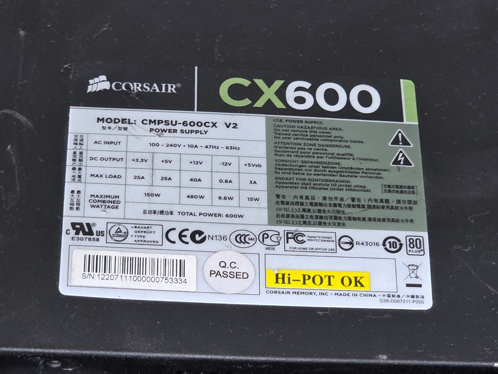 Corsair 600w max voeding psu power supply cx600 cmpsu-600cx, Gebruikt, ., Ophalen of Verzenden, .