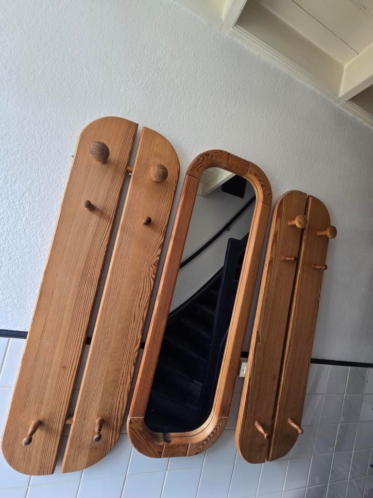 Vintage houten kapstokken met spiegel, 120cm hoog, Ophalen of Verzenden