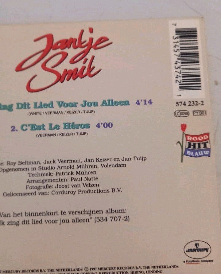 Jantje Smits - Ik Zing Dit Lied Voor Jou Alleen CD Single, Ophalen of Verzenden, Gebruikt, Nederlandstalig