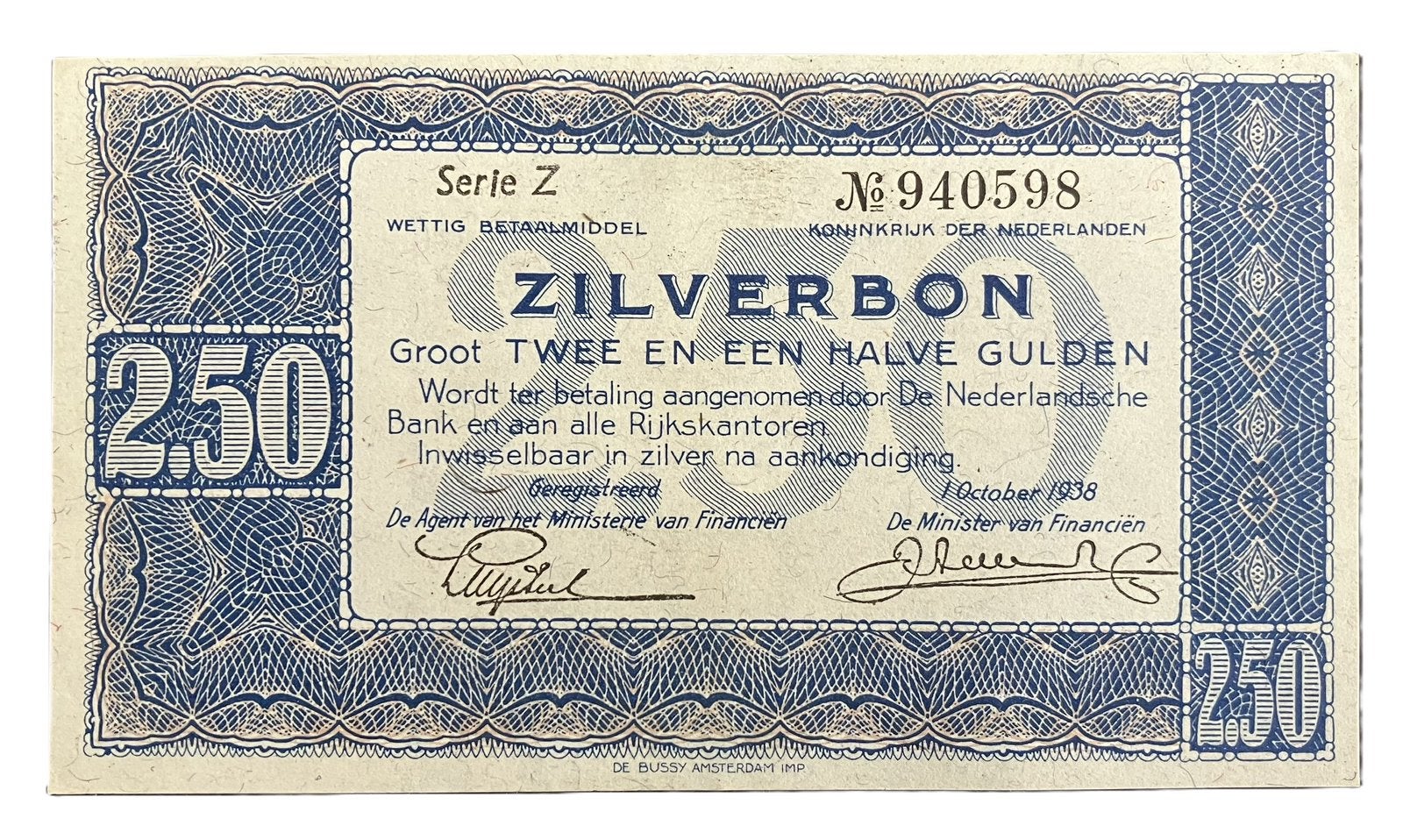 2 1/2 gulden zilverbon 1938 UNC - zeldzame serie één letter, Verzenden, 2½ gulden, Los biljet