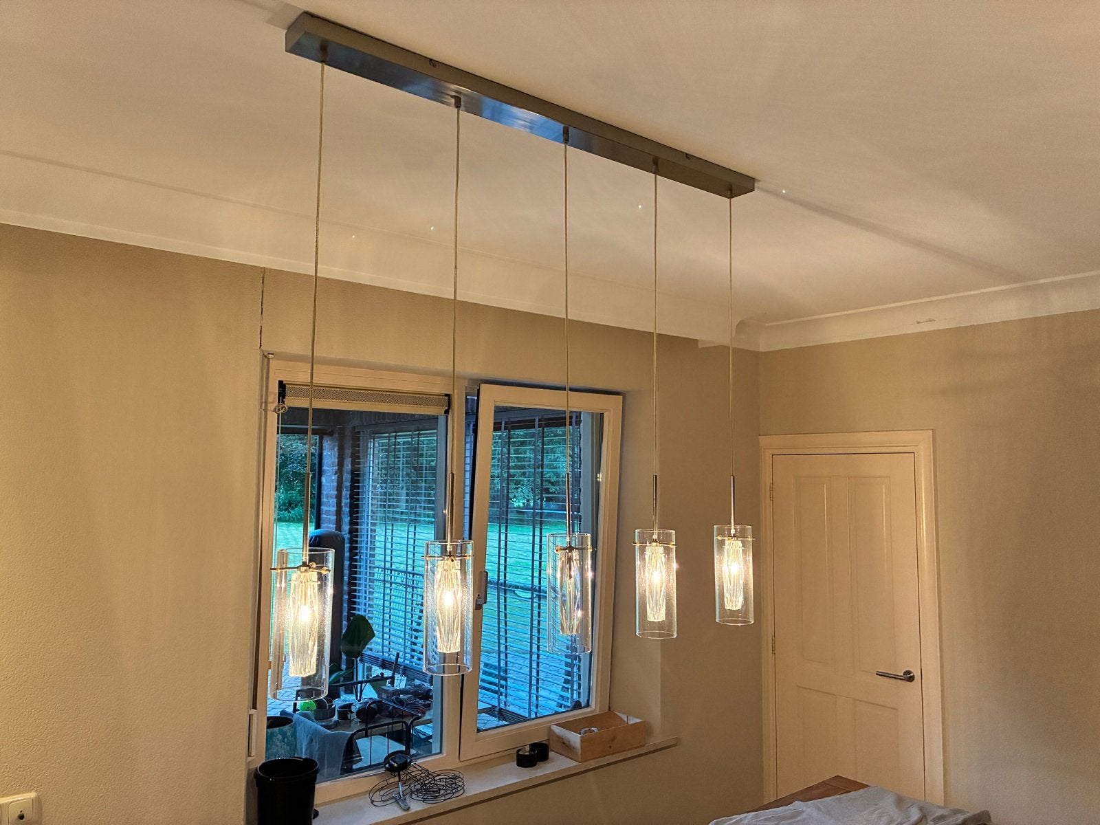 Moderne hanglamp met 5 glazen cilinders, Ophalen, Gebruikt, Glas, Overige fittingen