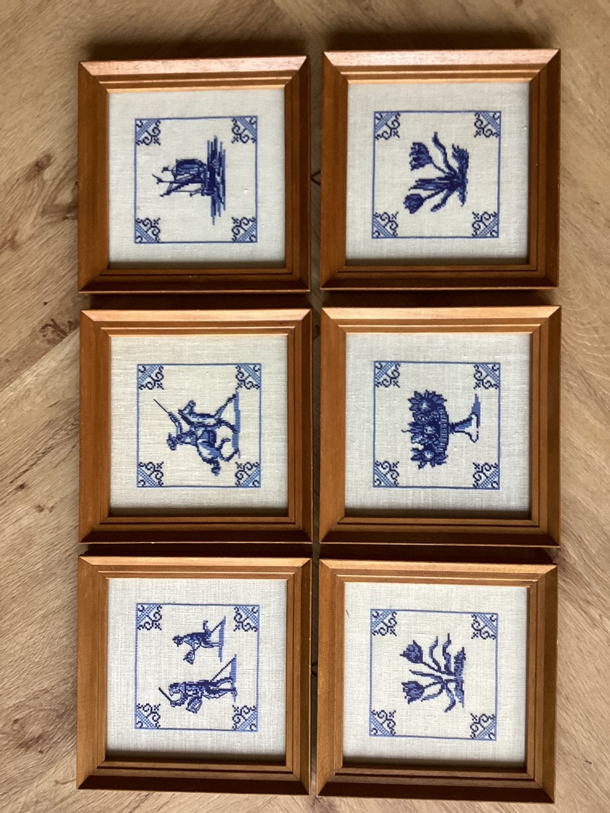 Set van 6 Delfts Blauw kruissteek schilderijtjes, Ophalen of Verzenden