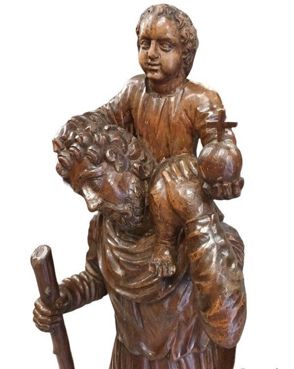 17de eeuwse "heilige Christoffel" beeld in walnoot., Ophalen, 1 meter - 2 meter, Beeld, Hout