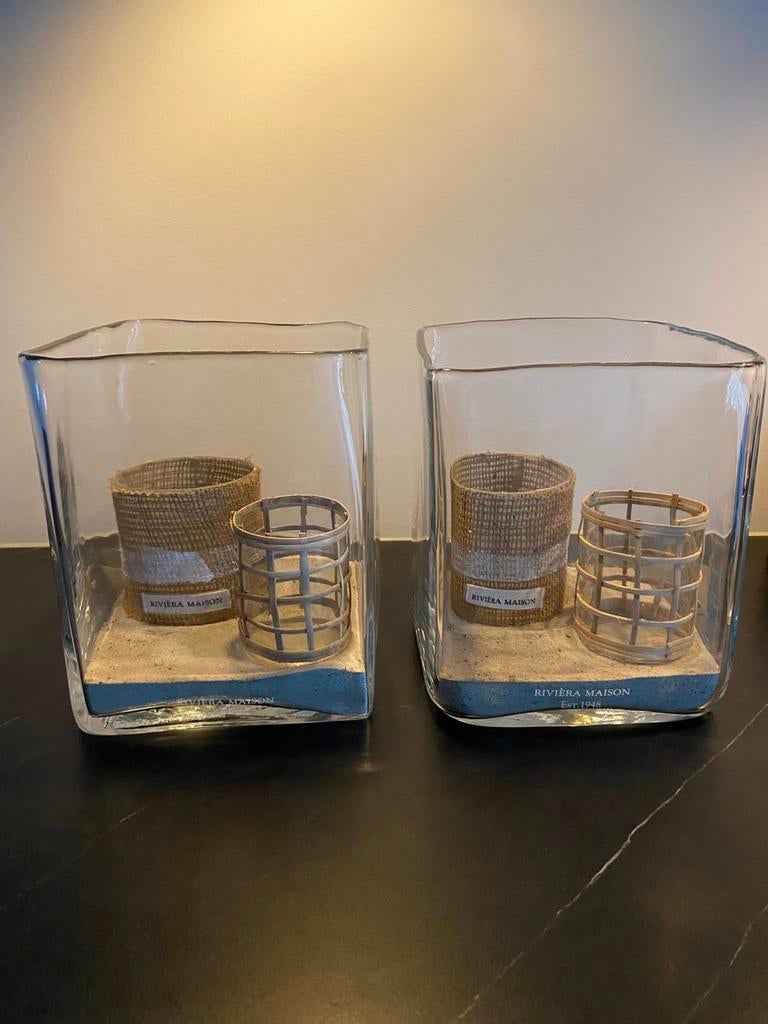 Riviera Maison square vaas windlicht 2 st van € 140,- >, Ophalen, Zo goed als nieuw, Overige materialen, Kandelaar