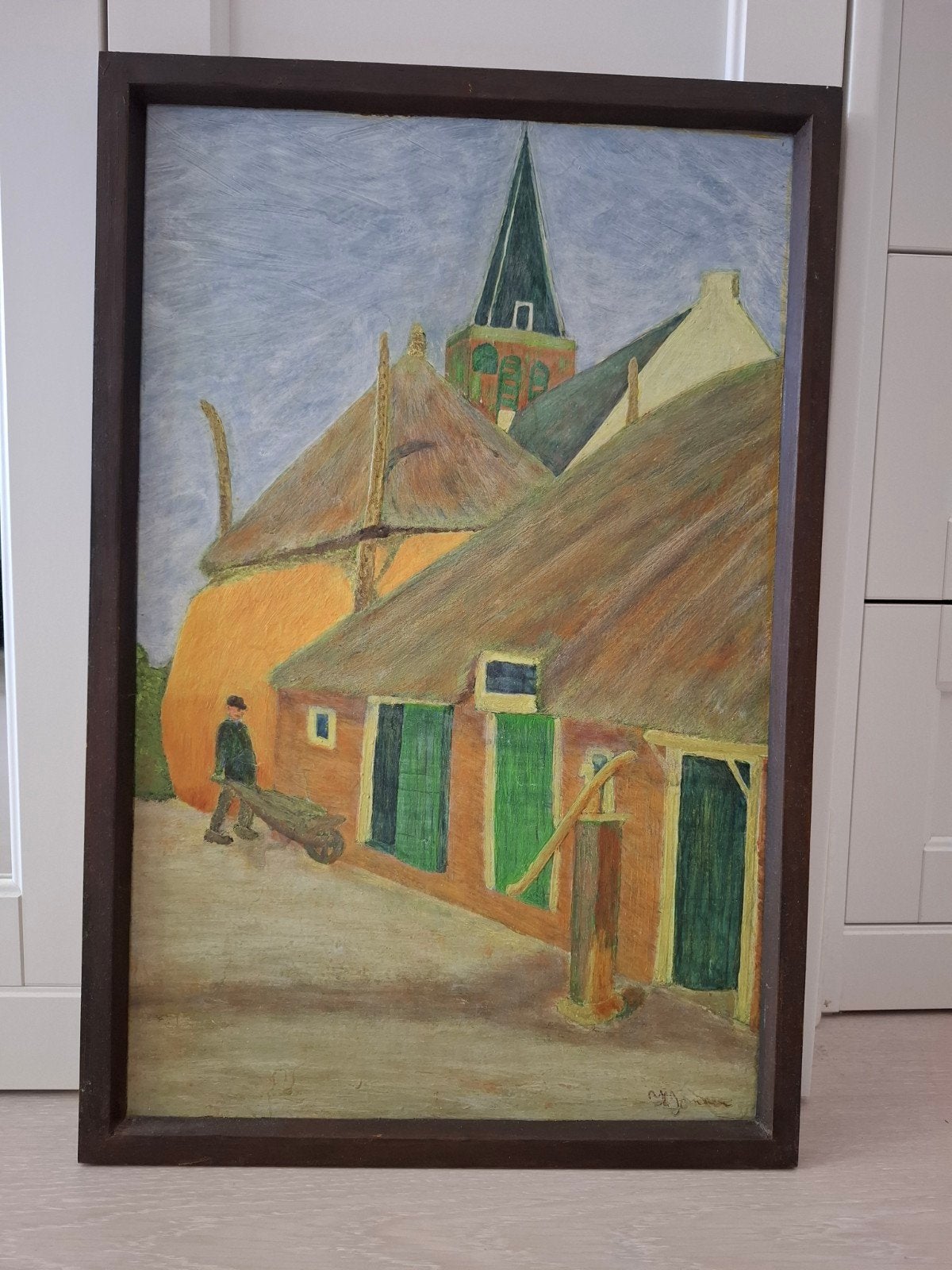 De Hooimijt - Olieverf op paneel door Harry J.W. Jansen, Ingelijst, Paneel, Expressionistisch, Ophalen of Verzenden