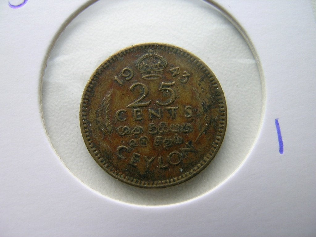 25 Cents 1943 Ceylon, Postzegels en Munten, Munten | Azië, Ophalen of Verzenden, Zuid-Azië, Losse munt