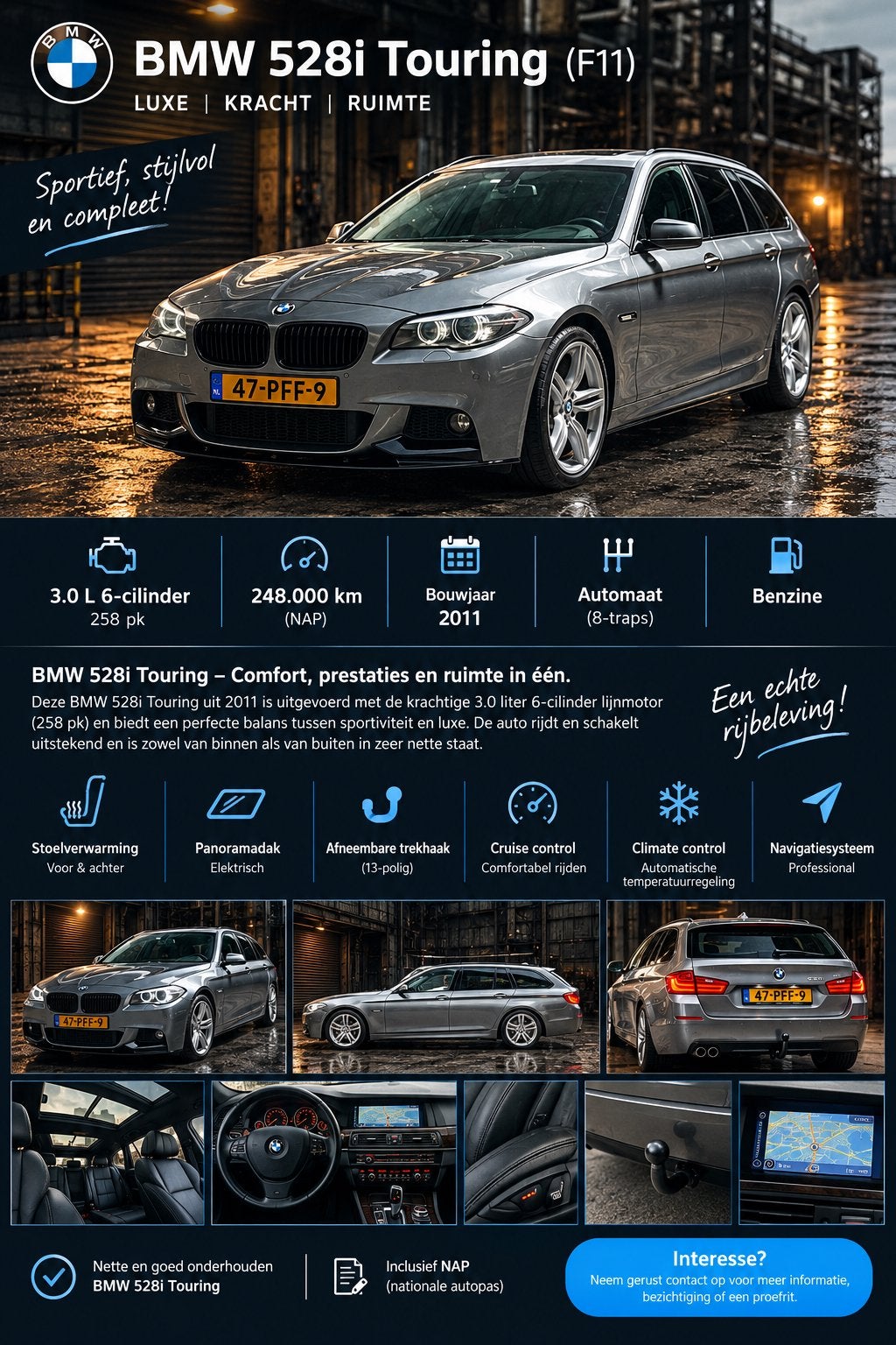 BMW 528i F11 M pakket 2011, Auto's, Automaat, Zwart, 2995 cc, 2000 kg