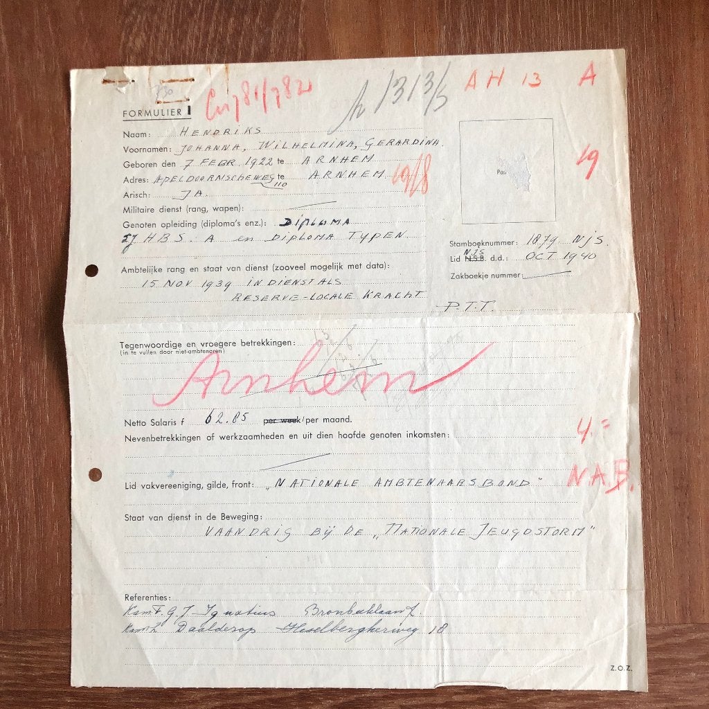 18-8-1941 Arnhem. Nat. Jeugdstorm. NSB Formulier v. Johanna, Verzamelen, Ophalen of Verzenden, Nederland, Overige typen