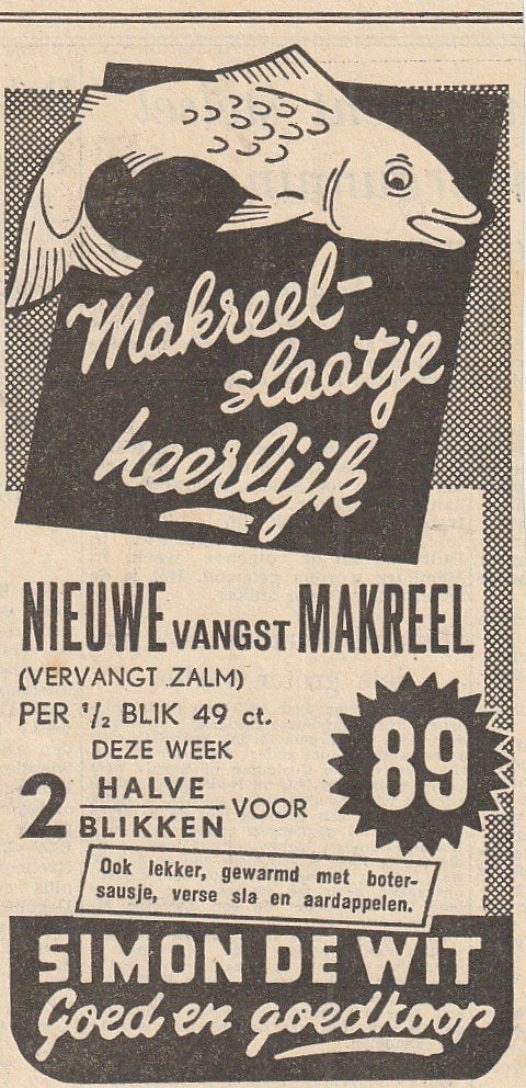 Retro reclame 1954 Simon de Wit supermarkt makreel vis, Verzenden, Overige typen