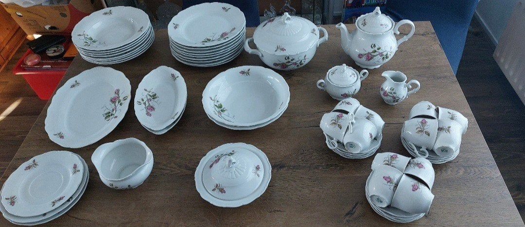 groot servies ,zie fotos met roze roosjes, Ophalen, Nieuw, Overige stijlen, Porselein