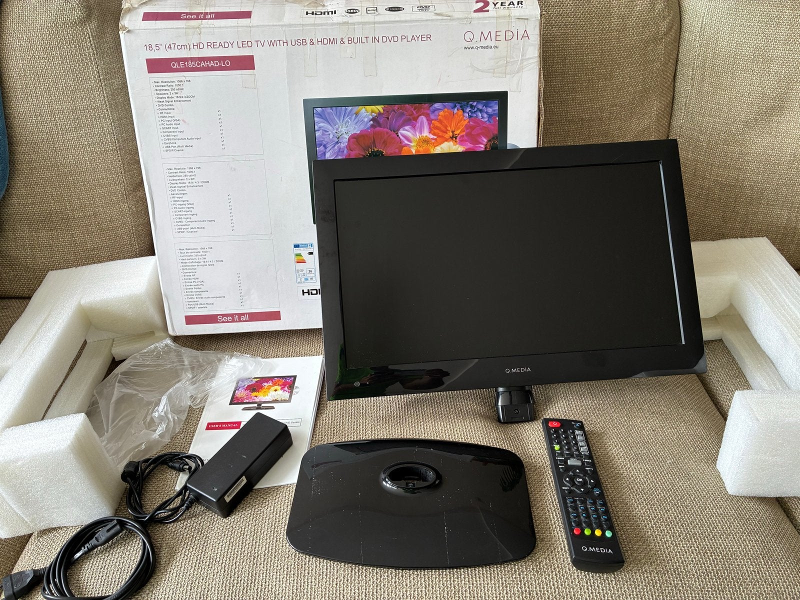 Q Media QLE185CAHAD-LO HD Ready TV met ingebouwde DVD-speler, LED, 50 Hz, HD Ready (720p), Zo goed als nieuw