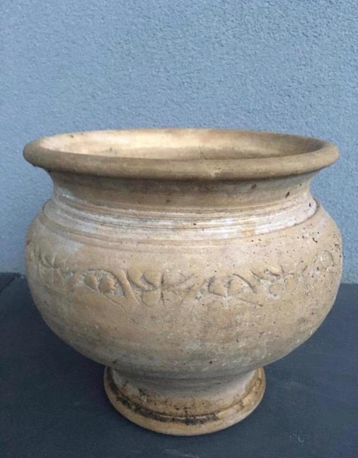 Oud Hollandse terracotta bloempot Uniek antiek 25cm beige, Gebruikt, Rond, Minder dan 40 cm, Balkon