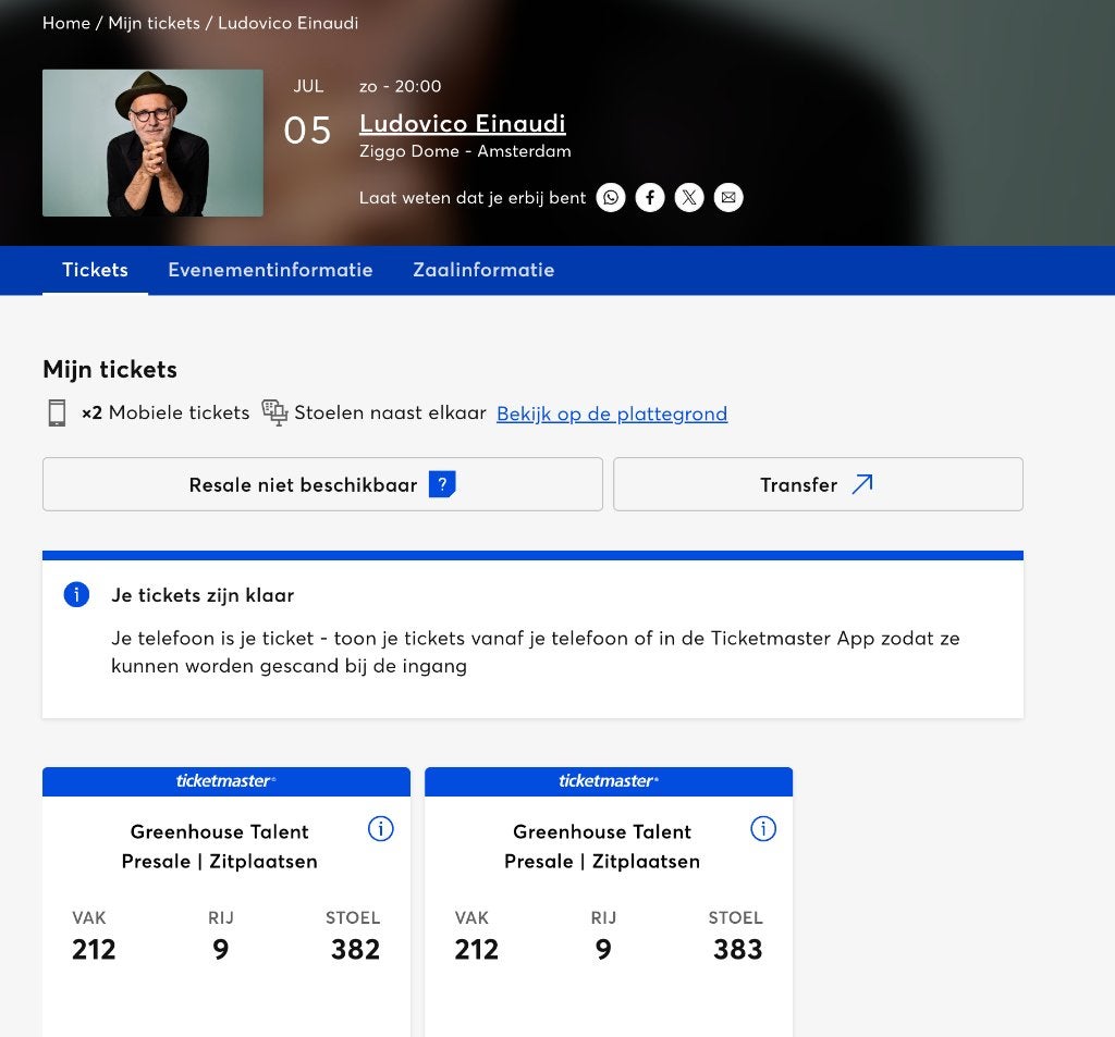 Ludovico Einaudi Ziggodome, Tickets en Kaartjes, Concerten | Pop, Twee personen, Juli