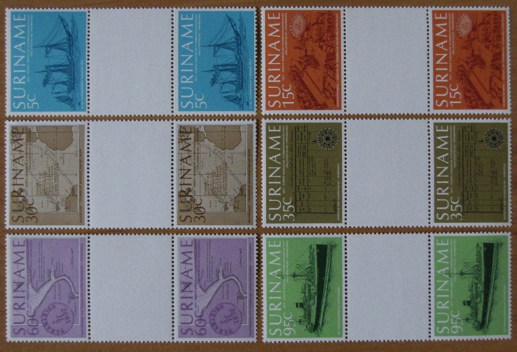 Rep-Suriname 91-95 brugparen met wit tussenstuk schepen., Postzegels en Munten, Verzenden, Postfris