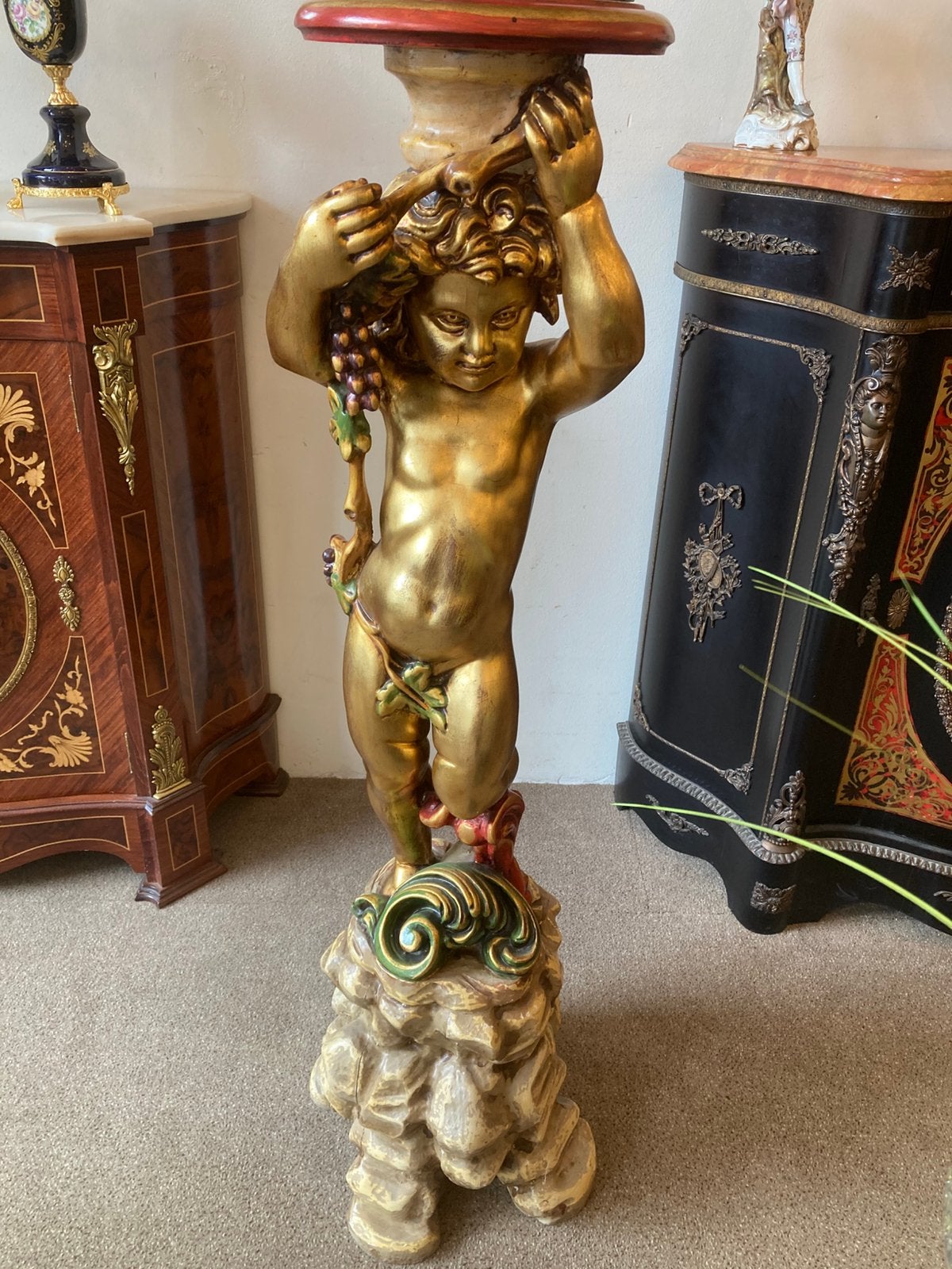 Mooie oude massief houten staander in polychrome 1m18 hoog, Ophalen