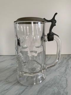 Bierpul Glas + zilver  tinnen deksel Antiek Vintage Brocante, Ophalen of Verzenden