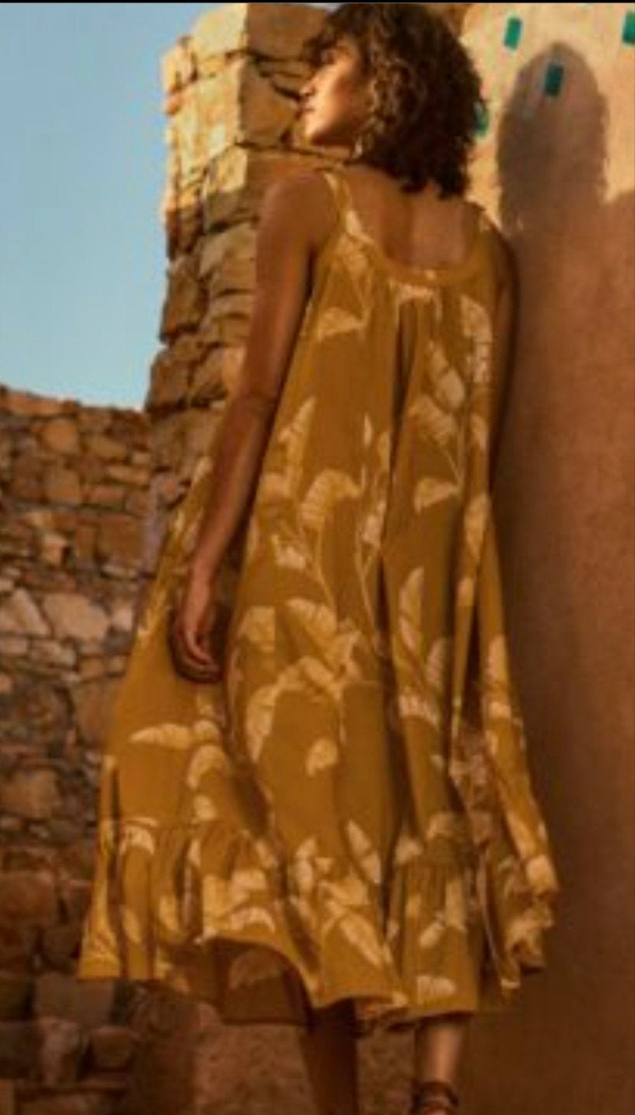 mosterd geel palm leave dress L boho ibiza lange jurk, H&M, Geel, Maat 42/44 (L), Ophalen of Verzenden