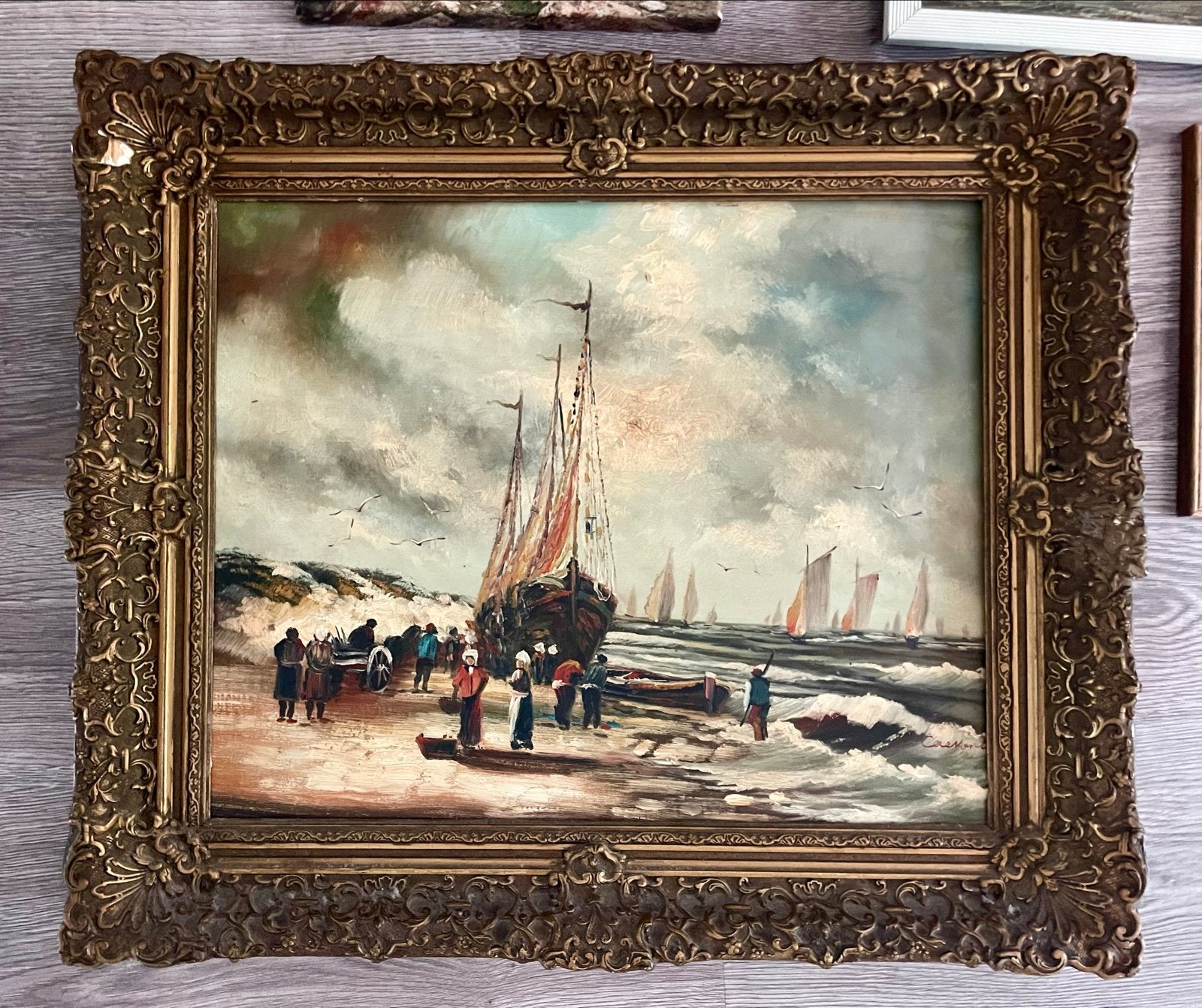 Maritiem schilderij van vissers aan de kust, Antiek en Kunst, Kunst | Schilderijen | Klassiek, Ophalen, Maritiem / water, Doek