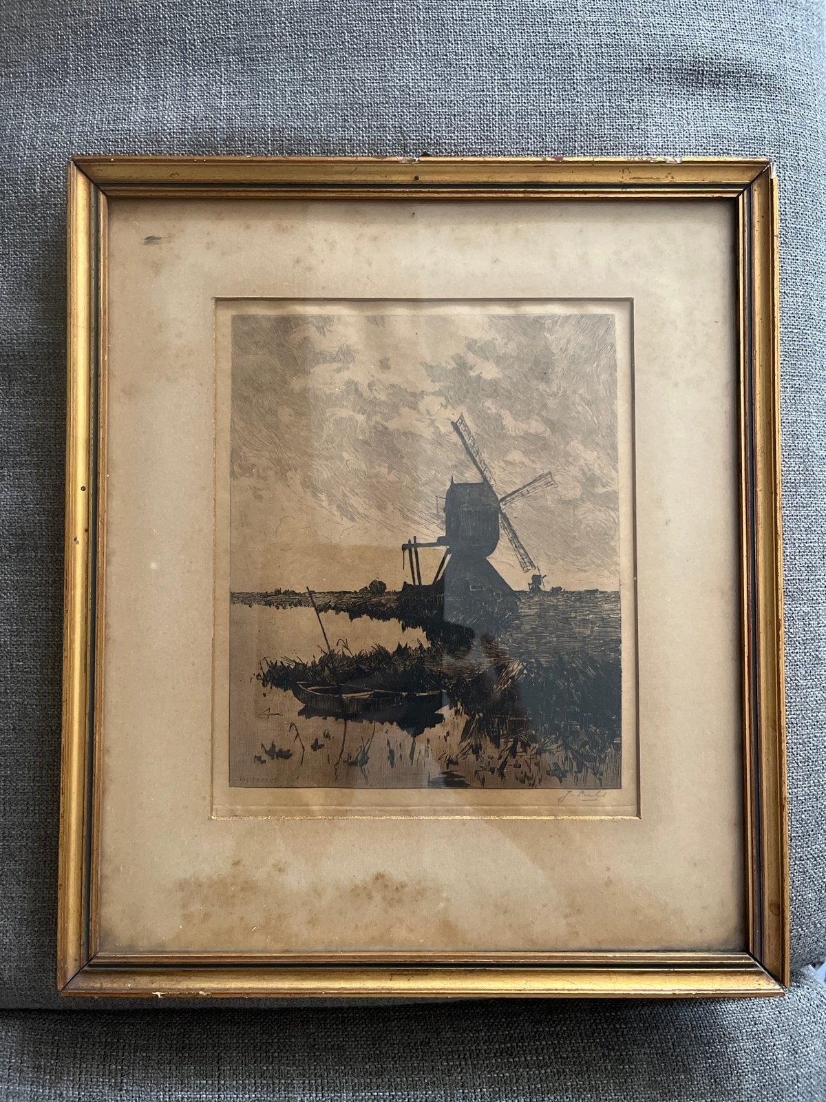 Molen in Haastrecht - Jan Sirks (Ets), Antiek en Kunst, Kunst | Etsen en Gravures, Ingelijst, Ets, Ophalen of Verzenden, Landschap