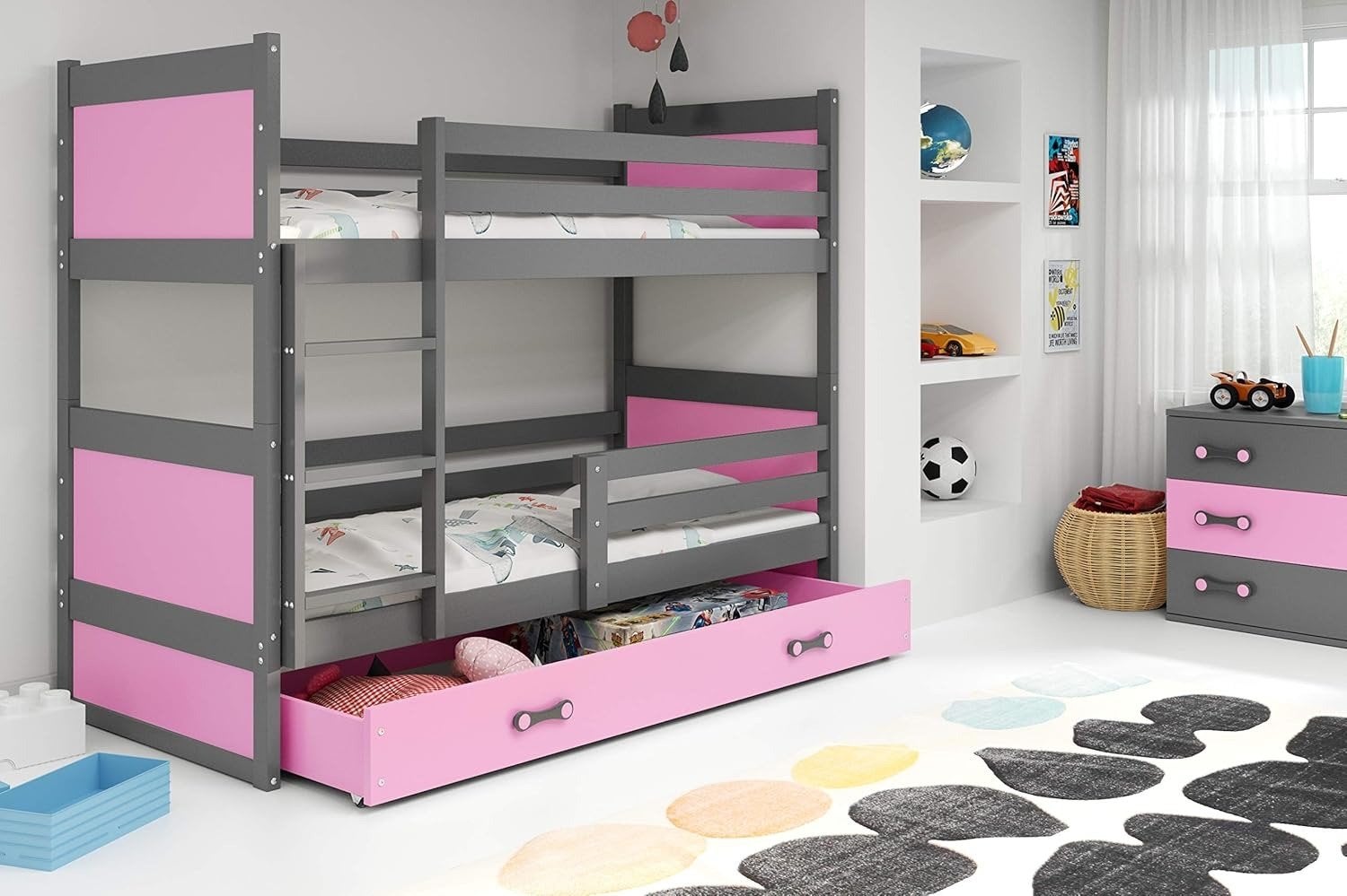 BMS RICO Jeugd Stapelbed 90x200 met Lade - Grijs/Roze, Huis en Inrichting, Ophalen, 90 cm, 160 tot 180 cm, 200 cm