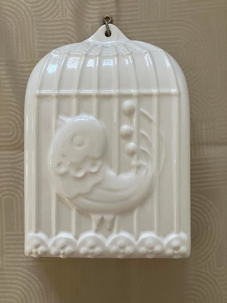 Vintage puddingvorm vogeltje in kooi - wit keramiek, Ophalen, Gebruikt
