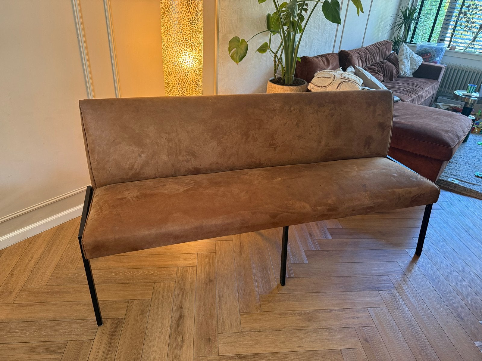 Lederen bankje met metalen poten - 180 cm breed, Ophalen, Gebruikt, Leer
