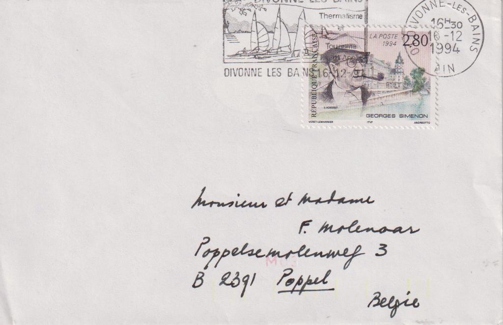 Belgie 1994 Divonne Les Bains Georges Simenon schrijver, Postzegels en Munten, Brieven en Enveloppen | België, Verzenden, Envelop