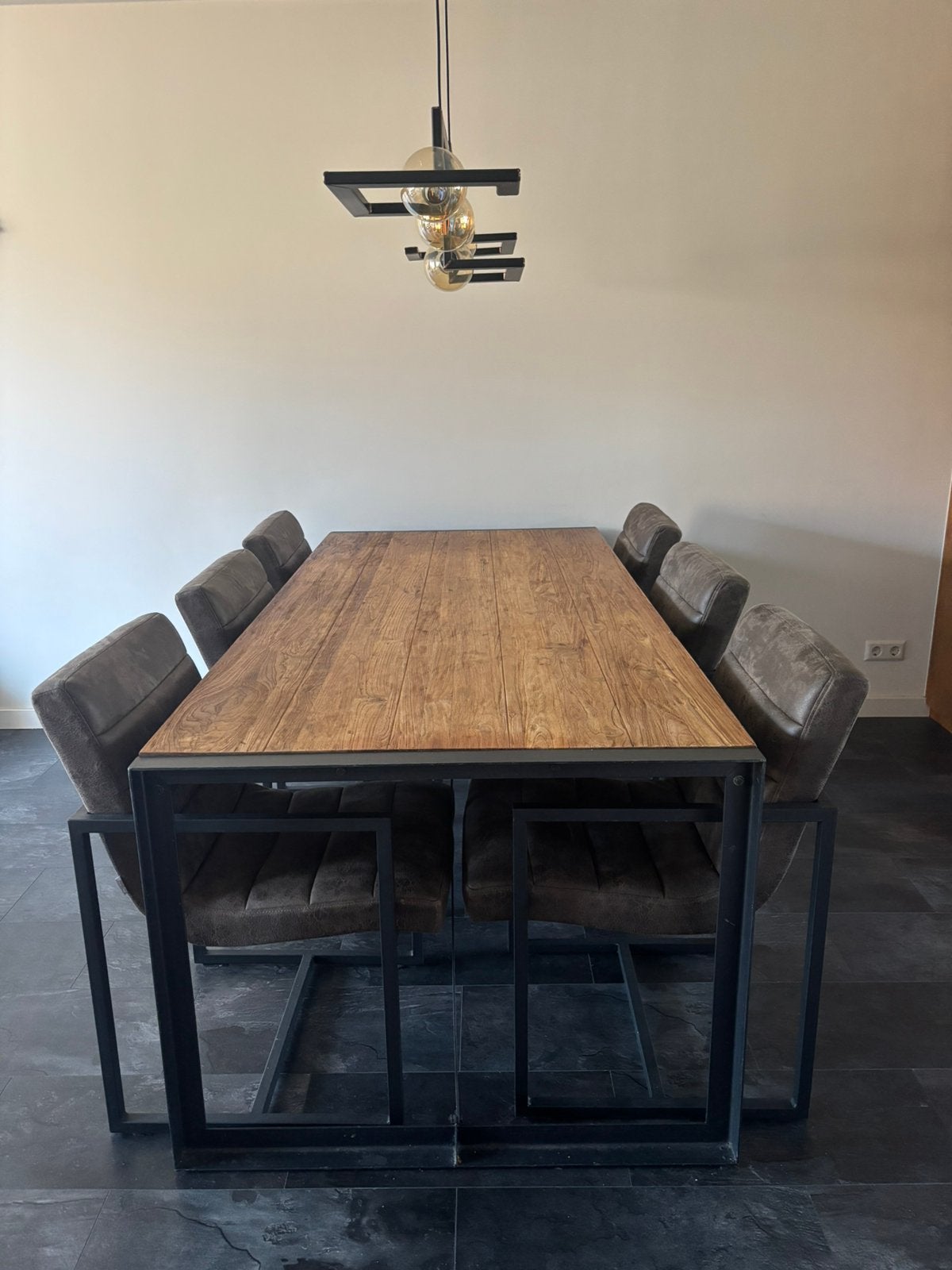 Teakhout eettafel met leren stoelen., Ophalen, Teakhout, 200 cm of meer, 50 tot 100 cm