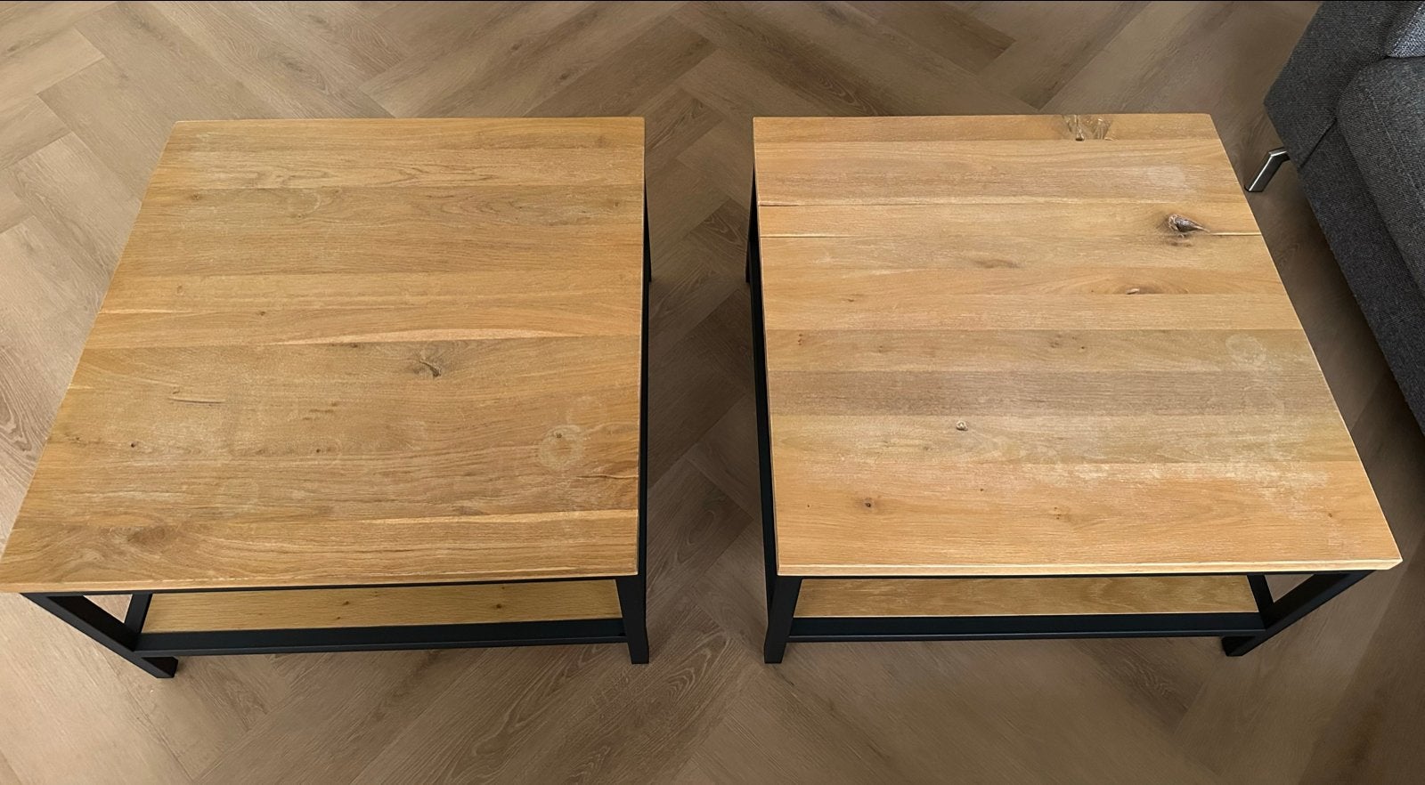 Set van 2 eikenhouten salontafels met metalen onderstel, Ophalen, Gebruikt, 50 tot 100 cm, 50 tot 100 cm