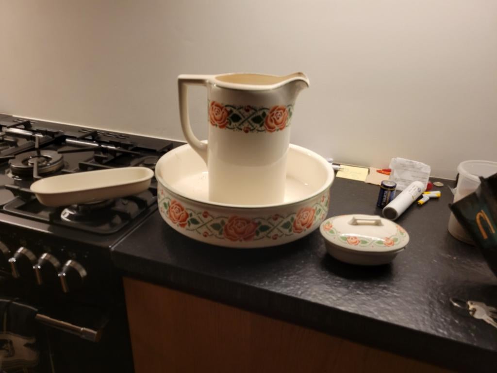 Antieke lampetset met rozenmotief, Antiek en Kunst, Ophalen of Verzenden