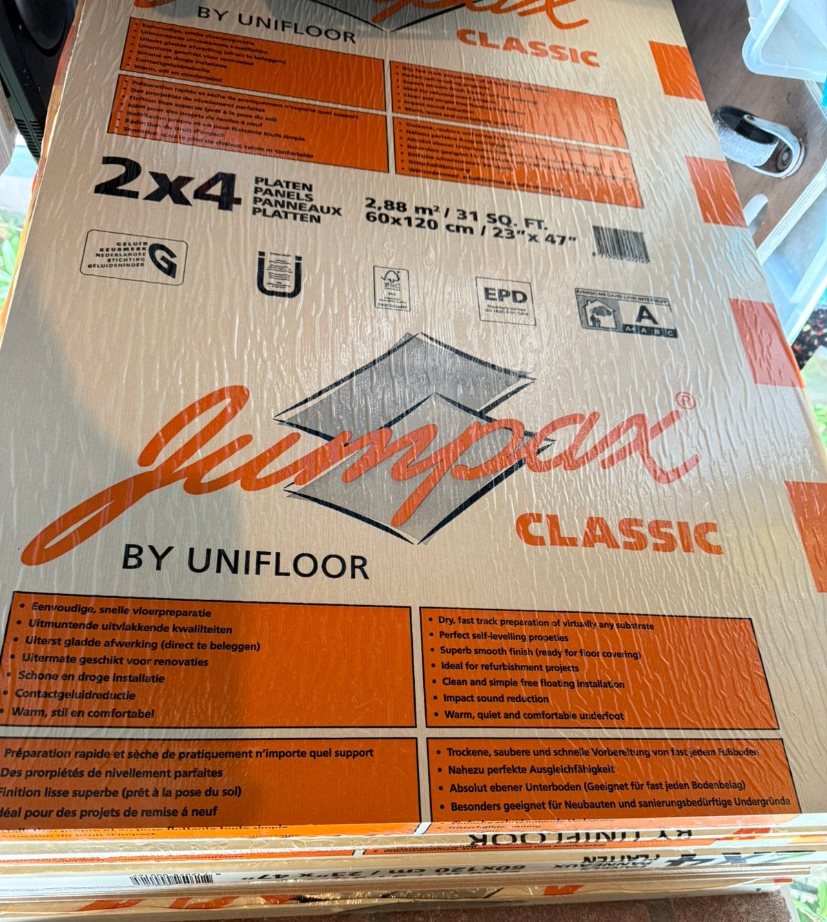 4 dichte pakken ondervloer Jumpax Classic + 4 losse platen, Huis en Inrichting, Stoffering | Vloerbedekking, Ophalen, Bruin, Ondervloer pvc