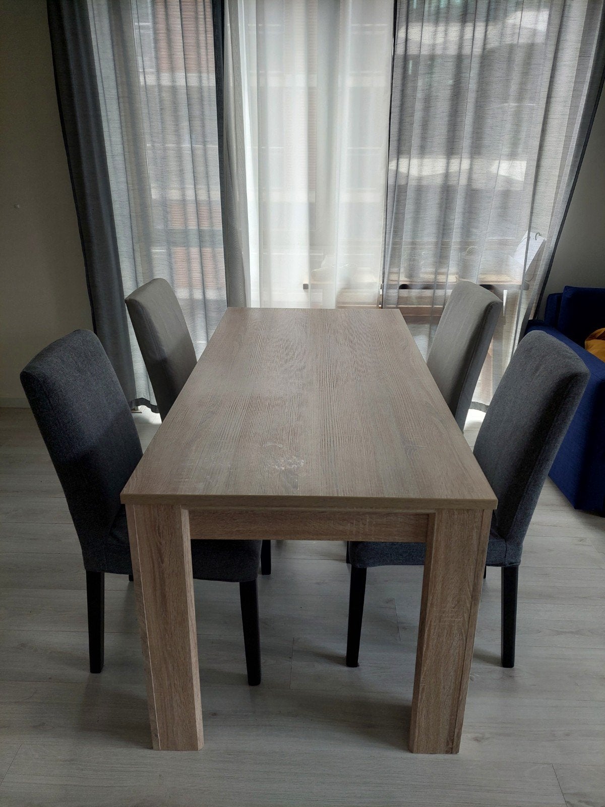 Jysk Vedde eettafel met 4 IKEA Bergmund stoelen, Ophalen, Gebruikt, 100 tot 150 cm, 50 tot 100 cm