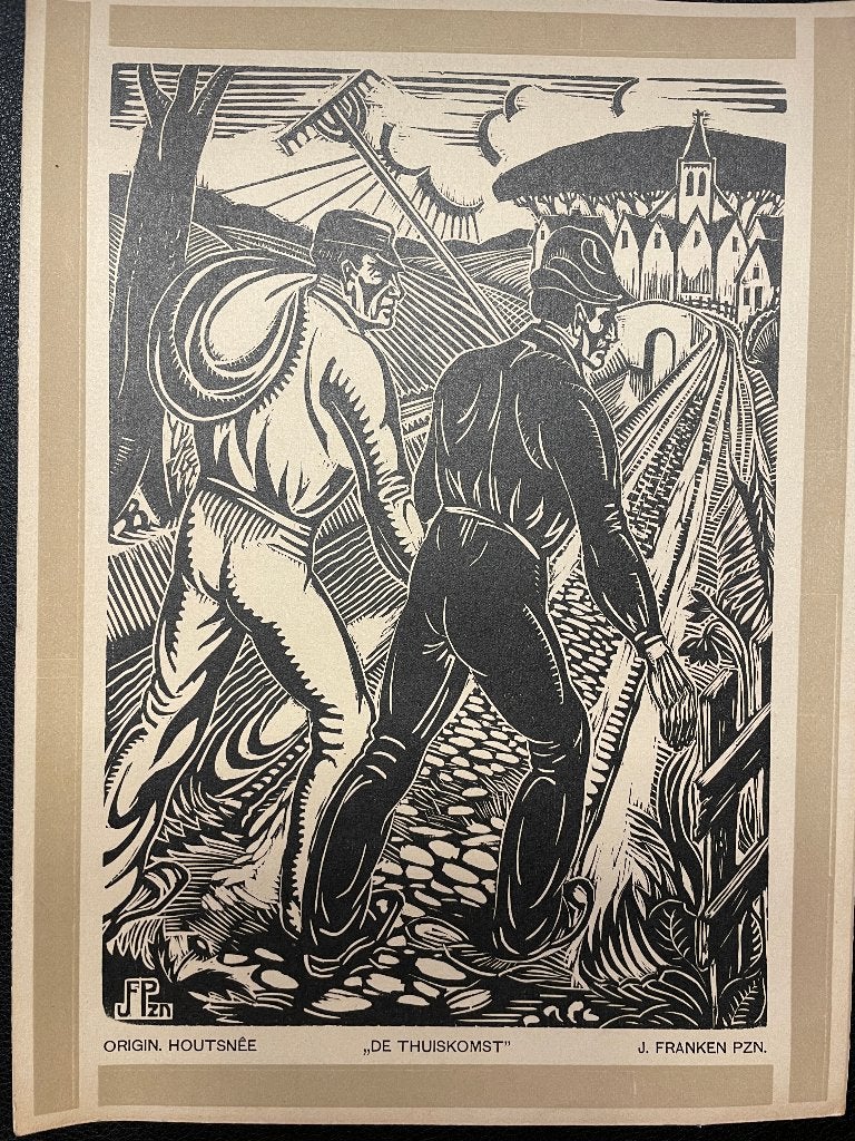 J. Francken Pzn. (1896-1977) Houtsnede 'De thuiskomst', Dagelijks leven, 30 cm, 1950 - 1999, Ophalen of Verzenden