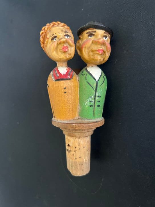 Vintage houten flessenstop met man en vrouw, Ophalen