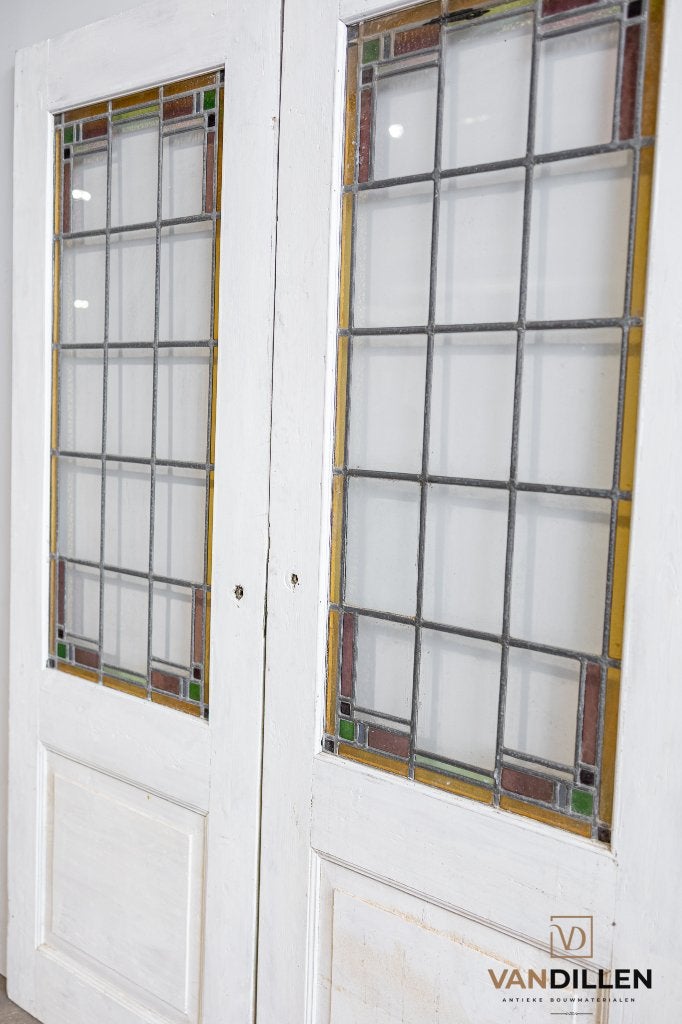 Set oude openslaande deuren met glas in lood 205 x 76.5, 120 cm of meer, Binnendeur, Ophalen of Verzenden, Zo goed als nieuw