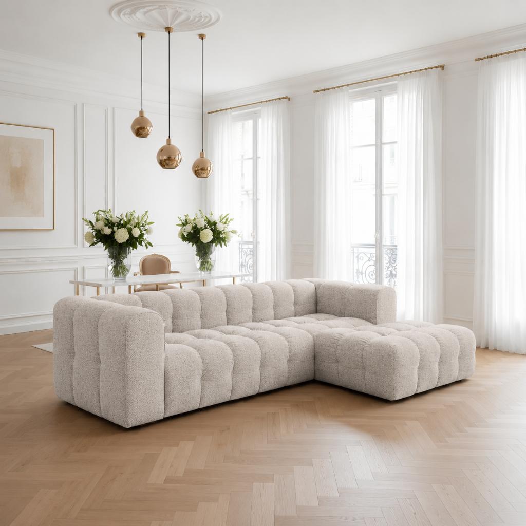 OP=OP Hoekbank Belfast - Rechts - Beige Naturel / Loungebank, 250 tot 300 cm, Delux met knopen, Hoekbank, Nieuw