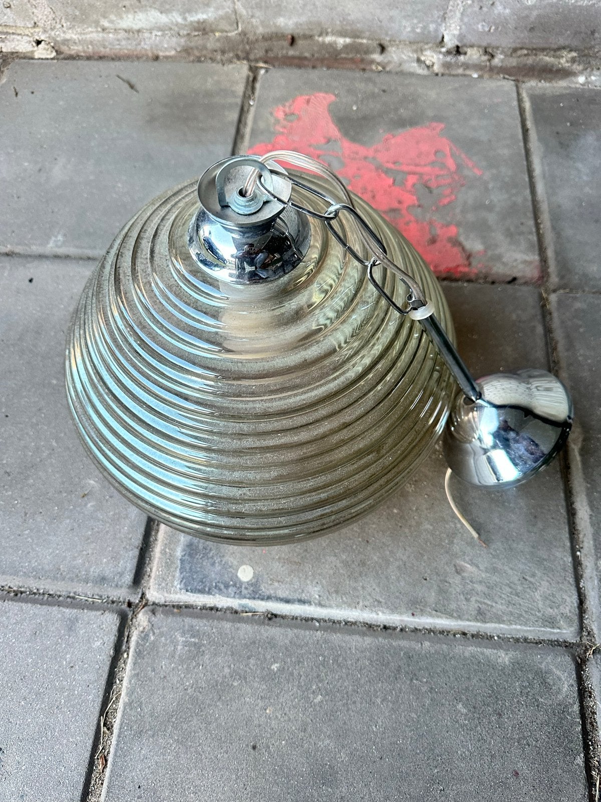 Vintage glazen hanglamp - Geribbeld design, Ophalen, Gebruikt, Glas, E27 (groot)