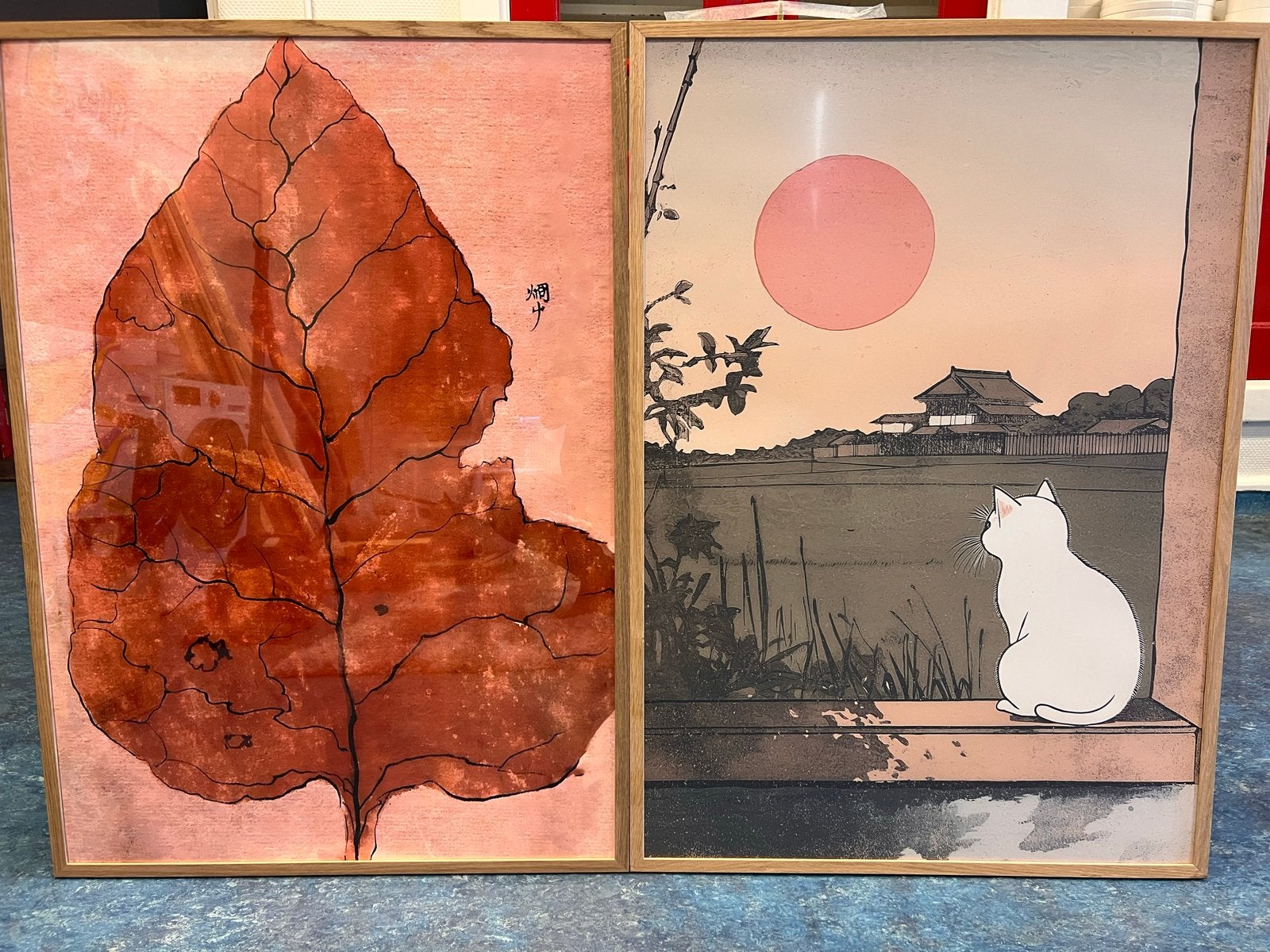 Set van 2 ingelijste prints: Kat bij zonsondergang & blad, Ophalen, Papier/karton, Print, Dieren