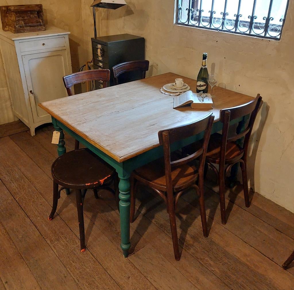 Grote oude keukentafel met lade en donkergroen onderstel, Antiek en Kunst, Curiosa en Brocante, Ophalen