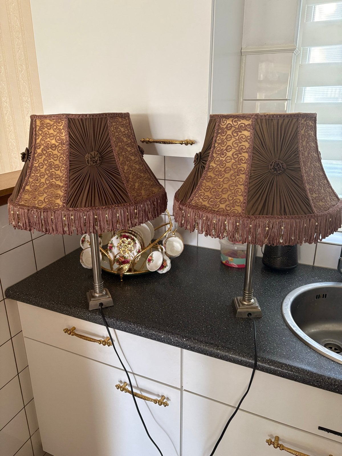 2 Baroque schemerlampen - chocoladebruin met zilveren voet, Ophalen, Gebruikt, Overige merken, Bruin