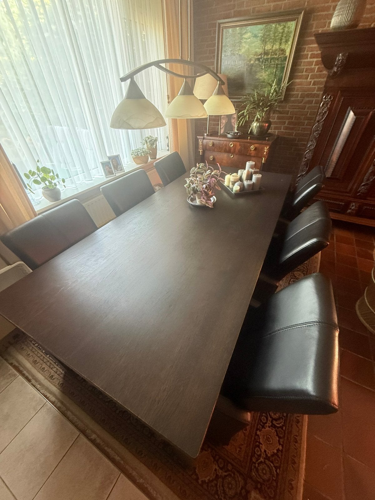 Eettafel + 6 leren stoelen, Ophalen, Zo goed als nieuw, 4 tot 6 stoelen