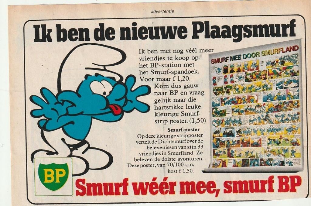 Retro reclame 1977 BP tankstation smurfen plaagsmurf, Verzenden, Overige typen